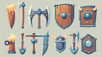 Wall Mural - Illustration set of Viking shield and axe game assets, helmet with horns, beer horn, wooden and iron shields and axes. Fantasy ancient celtic fighter props.