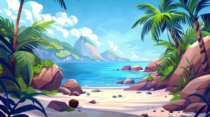 Wall Mural - Modern illustration of an empty seashore in a summer tropical lagoon with calm sea and ocean water. The coastline has stones, palm trees, coconuts, and rocky mountains. The sky is blue with clouds.