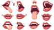 Kit of animated words with woman's mouth. Cartoon modern illustration set of young female character with four different positions of her lips and tongue during speaking and pronunciation of the