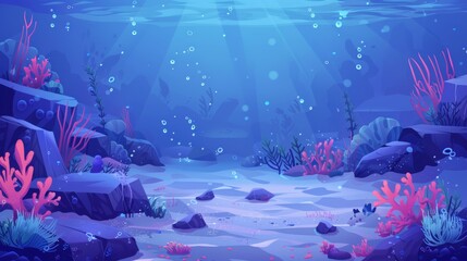 Wall Mural - Tropical aquatic creatures on a seabed with corals and weeds, stones, and bubbles. Cartoon seabed landscape with corals, weeds, stones, and bubbles. Deep ocean, ocean, or aquarium sand bottom with