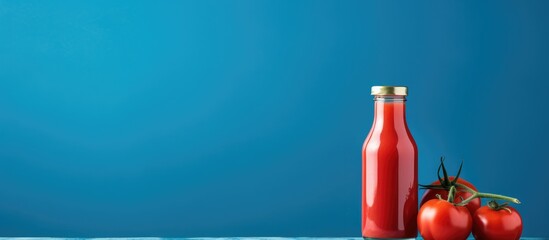 Wall Mural - Two glass bottles of tomato sauce and two ripe tomatoes arranged on an electric blue table, creating a vibrant and colorful display