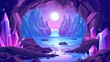 An underground cave with a river or lake, waterfall, and gemstone crystals. A cartoon deep landscape with reflected rays of moonlight on the water.