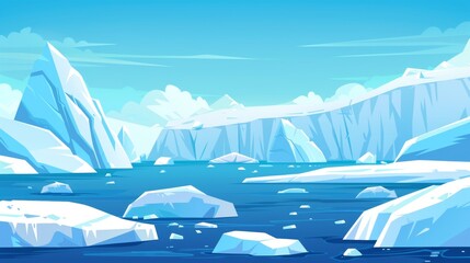 Blue polar scenery drawing with icebergs floating in water. Cartoon modern illustration of glaciers and snow mountains. Cold northern horizon with snow floes.