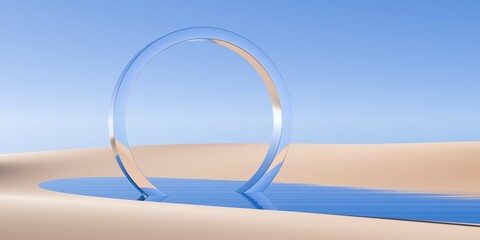 Wall Mural - Chrome retro ring object in surreal abstract desert landscape with lake and blue sky background, geometric primitive fantasy concept