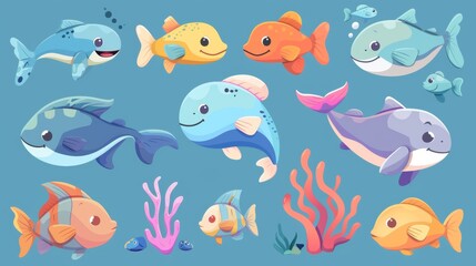 Sticker - Cartoon fish with fins and smiling lips. A collection of funny sea creatures for aquariums or marine habitats.