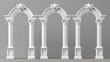 A white clay roman arch with decorative ornate decoration. Realistic 3D modern illustration of a Greek stone pillar of a temple building door or window. An elegant archway reminiscent of classical