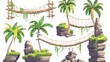 Set of rope bridges isolated on white background. Modern illustration of wooden suspension footbridge, green lianas and palm trees, path between rock edges, jungle game user interface elements.