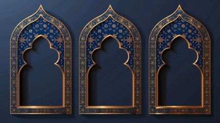 Frame in arabic shape for header and text congratulation. Realistic modern illustration set of blue arch border with golden decorations. Simple text box and banner template.