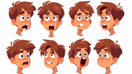 Wall Mural - Modern illustration of male teen character face pronouncing different sounds, emotions, lip sync and avatar constructor, isolated on white.