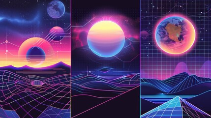 Poster - modern illustration of retro futuristic y2k geometric posters with 3d wireframe globe, torus, diamon