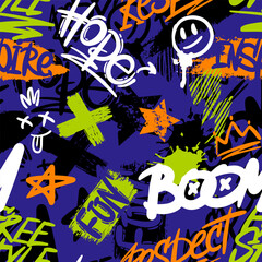Aufkleber - Abstract seamless chaotic pattern with urban elements, graffiti, words. Grunge texture background. Wallpaper for girls. Fashion cool  teen style