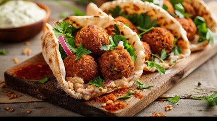 Wall Mural - Indulge in the delectable fusion of a Falafel Pita Sandwich featuring spicy meatballs, crispy falafel, fresh vegetables and herb infused goodness, all wrapped in a soft flatbread. 