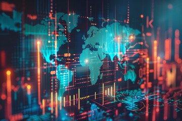 Poster - International Financial Markets and Data Mapping. An abstract visualization of international financial markets, featuring world map overlays and glowing data points.