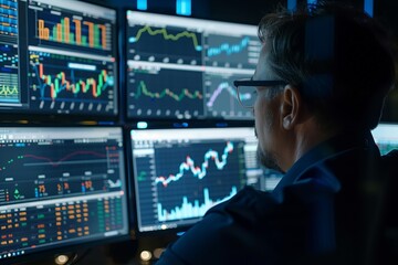 Poster - Trader Monitoring Market Trends. Male trader with glasses observes real-time stock market trends across multiple display monitors.