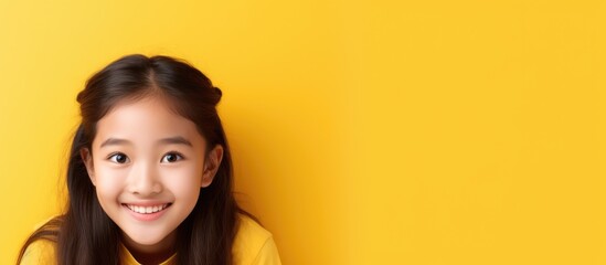 Poster - A happy little girl with black hair is standing in front of a yellow wall, smiling and making a gesture with her nose, eyelash, and ear. She looks like she is having fun while traveling