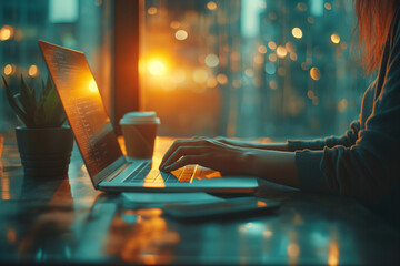 Poster - Entrepreneur Working on Laptop. An entrepreneur working diligently on a laptop in a serene office environment as evening light filters through.