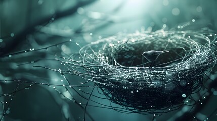 Wall Mural - Dew on spiderweb with bird, tranquil nature scene, morning freshness.