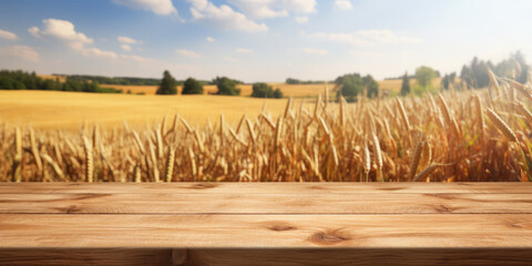 Wall Mural - Empty wooden table for product demonstration and presentation on the background of a wheat field. Banner