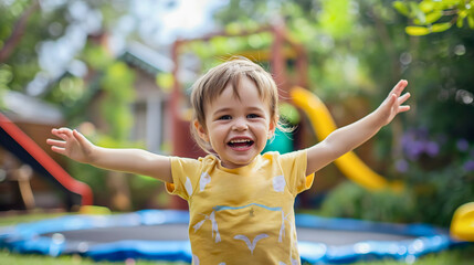 Closeup of the beautiful and cute little toddler boy, jumping or bouncing on the blue child trampoline outdoors in his backyard on a sunny summer day, smiling at the camera, leisure fun home activity