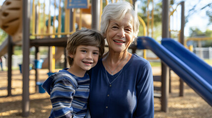 Wall Mural - Grandma and her grandson standing in the park outdoors, old senior woman and a little toddler boy on the playground with slides, hugging each other, looking at the camera and smiling, relationship