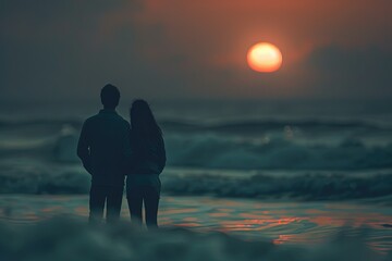 Canvas Print - a man and a woman standing in the ocean at sunset