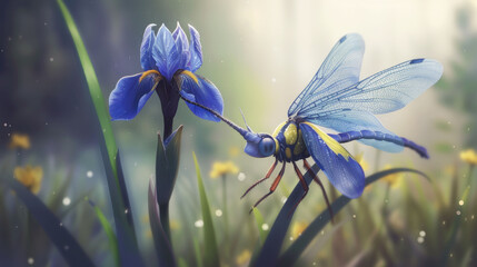 a close up of a blue flower with a dragonfly sitting on it's back and another blue flower in the background.