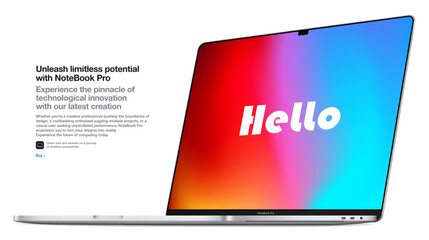 Poster - frameless silver laptop with a colorful screen, isolated on a white background. realistic mockup of a new notebook with shadow. vector 3d isometric illustration