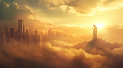 Wall Mural - Jesus Christ stands in heaven with clouds at dawn and watches and blesses a large modern city with skyscrapers.