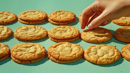 Wall Mural - a close up of a person picking up a cookie from a tray of cookies on top of a blue table.