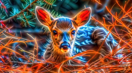 Sticker - a digital painting of a baby deer surrounded by bright red and blue lights in a forest of leaves and branches.