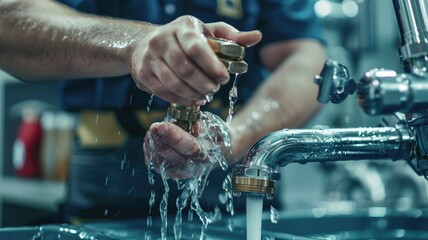 Hands fixing a faucet with running water - Professional plumber securing a faucet with running water denotes the urgency and importance of proper plumbing