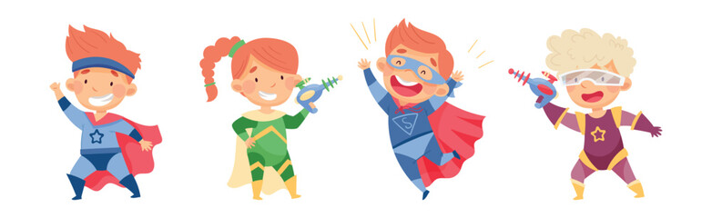 Wall Mural - Cute Kid Superhero in Costume Have Super Power Vector Set