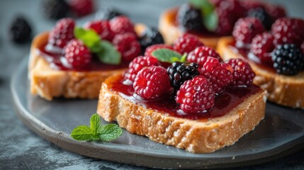 Sticker - a piece of bread with raspberries and blackberries on top of it on a plate with mint leaves.