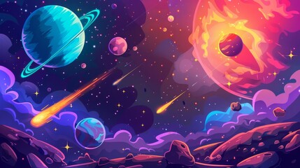 Poster - Outer space background with alien planets, stars, smoke, and flying stones. Cartoon illustration of galaxy with nebula.