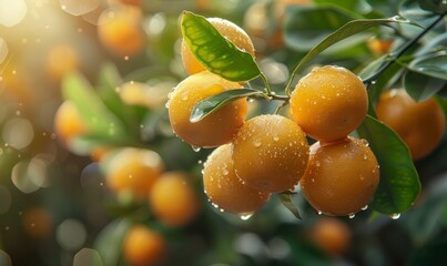 beautiful fresh ripe oranges hanging on a tree in garden