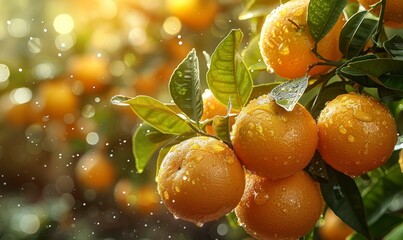 beautiful fresh ripe oranges hanging on a tree in garden