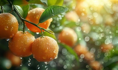 beautiful fresh ripe oranges hanging on a tree in garden