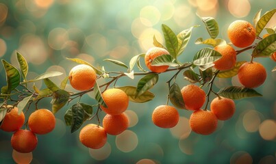 beautiful fresh ripe oranges hanging on a tree in garden