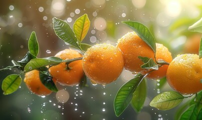 beautiful fresh ripe oranges hanging on a tree in garden