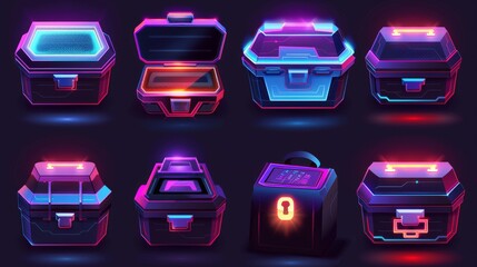 Poster - Future technology chests open and closed. Icons of sci-fi equipment and loot boxes with neon lights displayed, modern cartoon illustration isolated on white background.