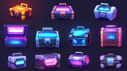Poster - Futuristic boxes for video games, futuristic technology chests, loot boxes with electronic locks and neon lights. Modern cartoon illustration isolated on white background.