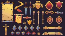 Modern Cartoon Set Of Game UI Elements With Gold Frames. Buttons, Banners, Arrows, Sliders In Different Shapes, Progress Bar With Fantasy Metal Border.