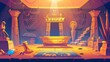 Cartoon illustration of ancient Egypt pharaohs' tomb with golden sarcophagus, hieroglyphs, scarab beetles, ritual vases, treasures, and other religious symbols.