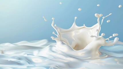 Wall Mural - Realistic modern illustration of milk splash or pouring. Natural dairy products, yogurt or cream in crown splash with drops or swirls, isolated on a blue background.