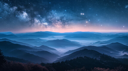 Canvas Print - A beautiful night sky with a large, dark blue mountain range in the background. The stars are shining brightly, creating a peaceful and serene atmosphere