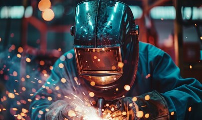 Wall Mural - Welder in protective equipment, his protective mask is illuminated by a bright welding arc