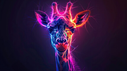 Wall Mural - glowing neon light effect girraffe head logo , bright advertising design element, giraffe logo light signboard banner for veterinary clinic, pet shop, night club concept