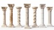 Realistic 3D modern mockup, set of 7 antique stone pillars isolated on white background. Ancient classic stone columns of Roman or Greek architecture with twisted and groove ornaments, set of 7