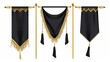 Isolated on white background are black long pennant flags with golden tassel fringe and borders. Modern realistic template of blank textile pennons in different shapes arranged on gold pillars.