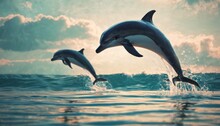  Two Dolphins Jumping Out Of The Water In Front Of A Blue Sky With Clouds And Sun Shining Through The Clouds.